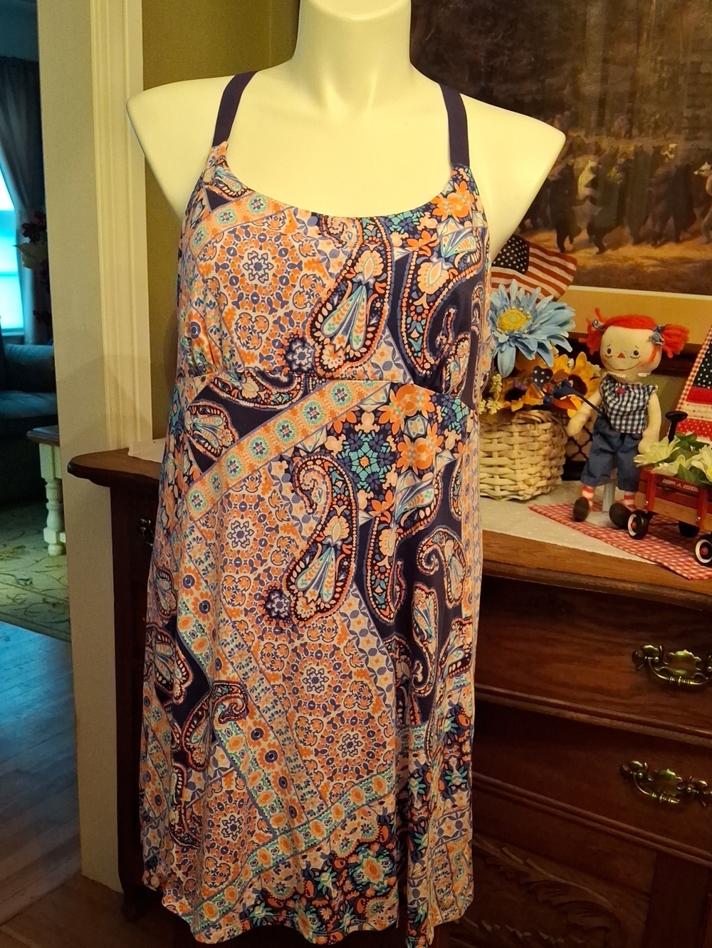 Plus Size 1X Sleeveless Paisley Chemise - Navy & Coral